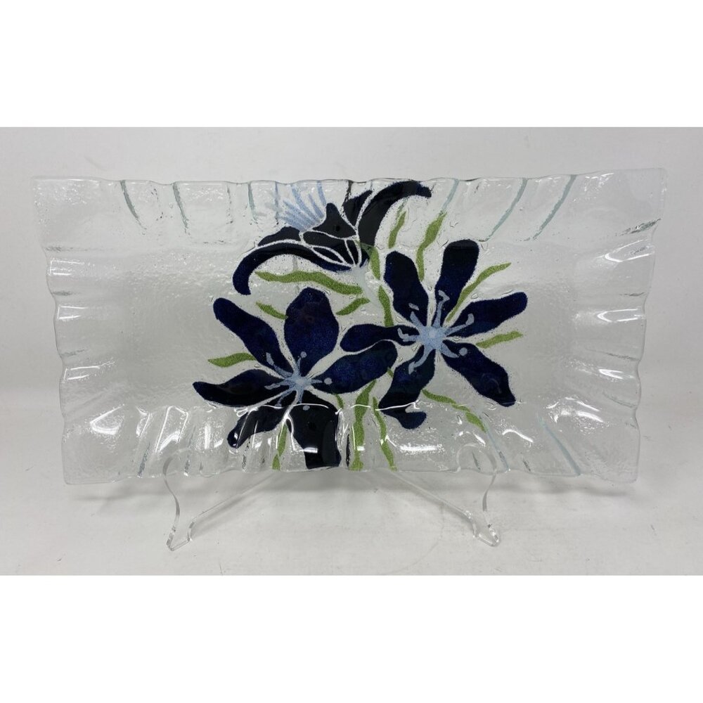 Sydenstricker Fused Ruffle Glass Rectangle Tray Plate Blue Lilies Signed 12x6”